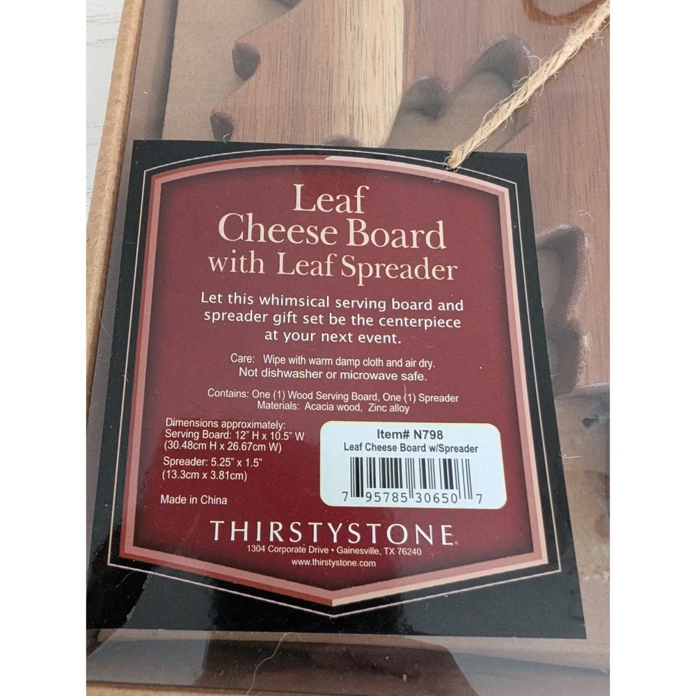 Thirstystone Set Wooden Leaf Cheese Board & Metal Spreader‎ Knife NEW in Pkg